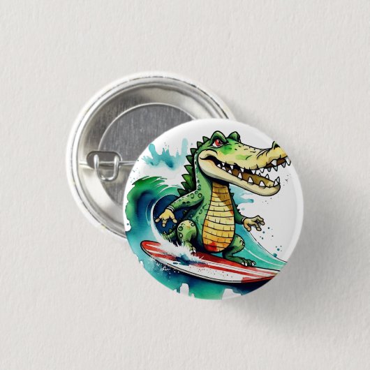 Funny Crocodile surfing Button (Vorne & Hinten)