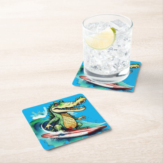 Funny Crocodile surfing Rechteckiger Pappuntersetzer (Vor Ort)