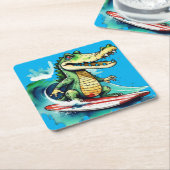 Funny Crocodile surfing Rechteckiger Pappuntersetzer (angewinkelt)