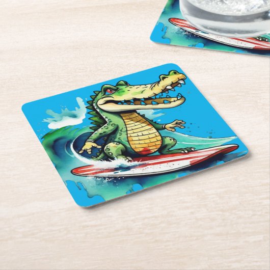 Funny Crocodile surfing Rechteckiger Pappuntersetzer (angewinkelt)