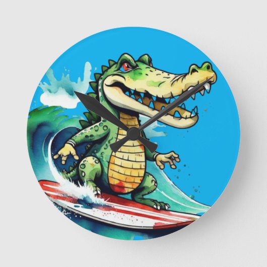 Funny Crocodile surfing Runde Wanduhr (Vorderseite)