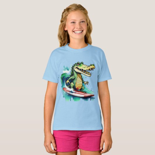 Funny Crocodile surfing T - Shirt (Vorne ganz)