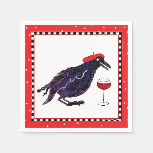 Funny Crow mit French Beret und Glass of wine Serviette (Vorderseite)