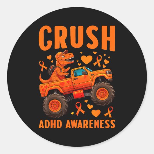 Funny Crush Adhd Awareness T-rex Monster Truck Kid Runder Aufkleber (Vorderseite)