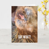 Funny Curious Amber Brown Hühnchen Nah-Up Foto Karte (Gelbe Blume)