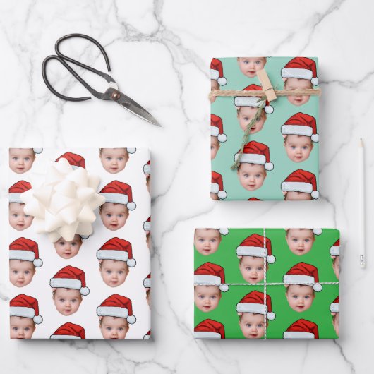 Funny Custom Baby Face Foto Santa Head Geschenkpapier Set (Vorderseite)
