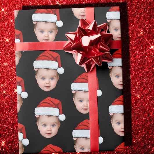 Funny Custom Baby Face Foto Santa Head Xmas Black Geschenkpapier
