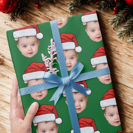Funny Custom Baby Face Foto Santa Head Xmas Green Geschenkpapier