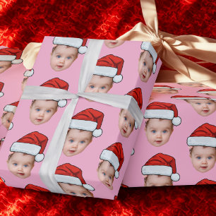 Funny Custom Baby Face Foto Santa Head Xmas Pink Geschenkpapier