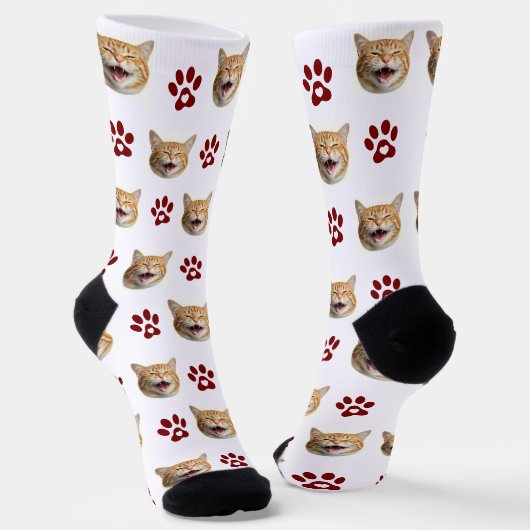 Funny Custom Cat Foto mit rotem Muster Socken (Gewinkelt)