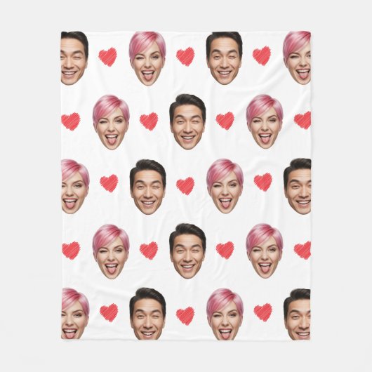 Funny Custom Couple Faces Pattern Red Hearts Fleecedecke (Vorderseite)