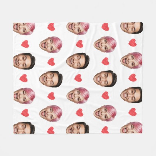Funny Custom Couple Faces Pattern Red Hearts Fleecedecke (Vorderseite (Horizontal))