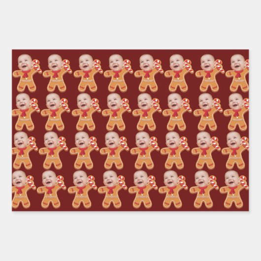 Funny Custom Face Foto Gingerbrett Xmas Baby Geschenkpapier Set (Vorderseite)