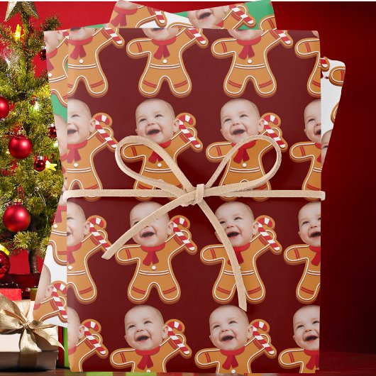 Funny Custom Face Foto Gingerbrett Xmas Baby Geschenkpapier Set