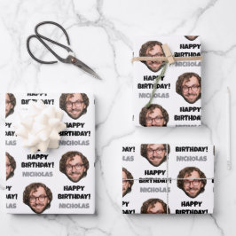 Funny Custom Face Foto Happy Geburtstag Schwarz-we Geschenkpapier Set