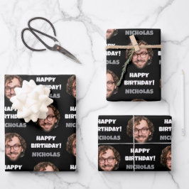 Funny Custom Face Foto Happy Geburtstag Schwarz-we Geschenkpapier Set