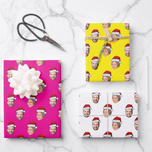 Funny Custom Face Foto Santa Head Geschenkpapier Set (Vorderseite)