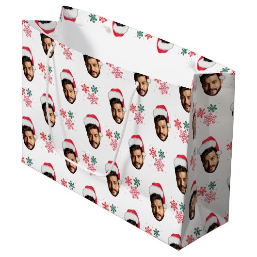 Funny Custom Face Foto Santa Head Schneeflocke Große Geschenktüte (Vorderseite Schrägansicht)