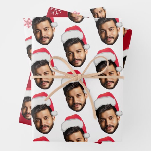 Funny Custom Face Foto Santa Head & Snowflakes Geschenkpapier Set (Beispiel)