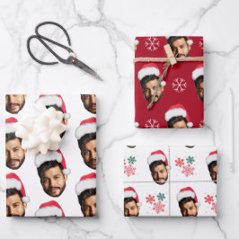 Funny Custom Face Foto Santa Head & Snowflakes Geschenkpapier Set