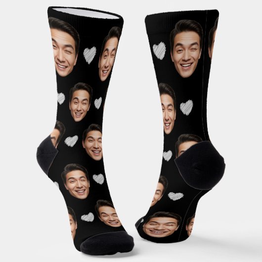 Funny Custom Face mit White Hearts on Black Socken (Gewinkelt)