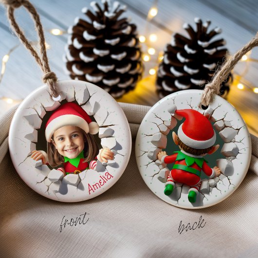 Funny Custom Face Photo Christmas Elf Name Holiday Keramik Ornament