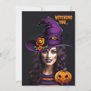 Funny Custom Foto mit einem Halloween Hexenhut Einladung