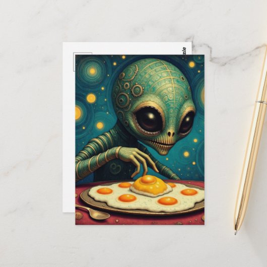 Funny Cute Alien Eating Fried Eggs Postkarte (Vorderseite/Rückseite Beispiel)