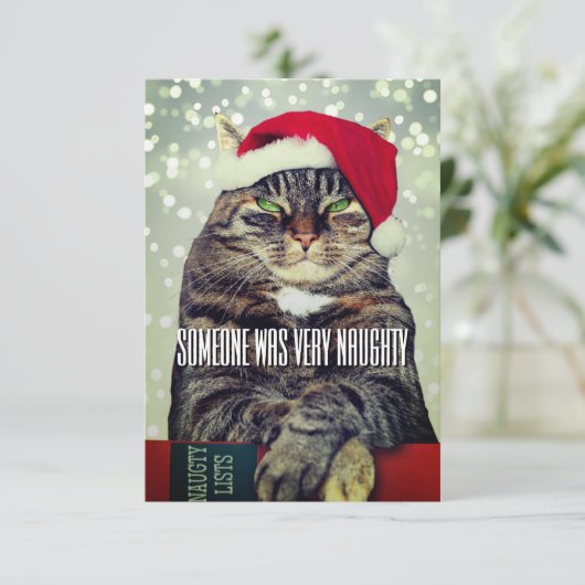 Funny cute angry cat Christmas card Dankeskarte (Stehend Vorderseite)