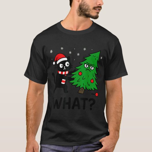 Funny Cute Black Cat What Jamas Christmas Tree Cos T-Shirt (Vorderseite)