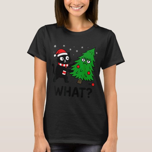 Funny Cute Black Cat What Jamas Christmas Tree Cos T-Shirt (Vorderseite)