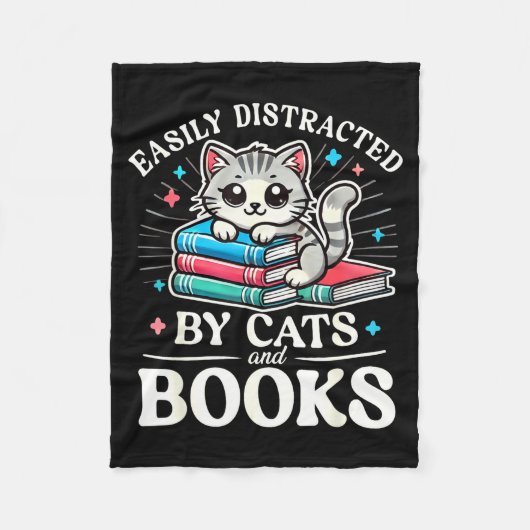 Funny Cute Easily Distracted By Cats And Books Fleecedecke (Vorderseite)