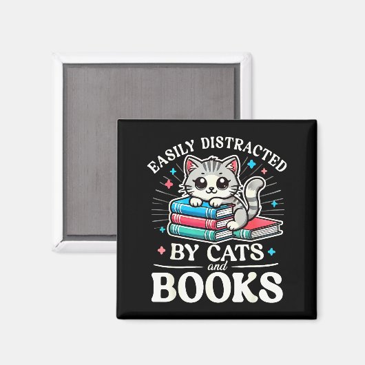 Funny Cute Easily Distracted By Cats And Books  Magnet (Vorderseite/Rückseite)