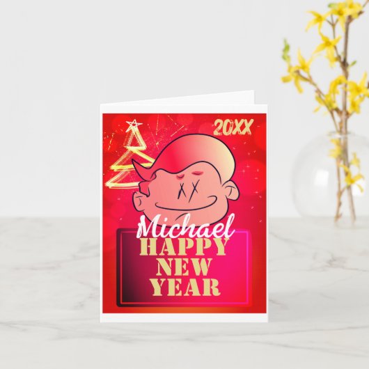 Funny Cute Little Cartoon Boy Happy New Year Karte (Gelbe Blume)