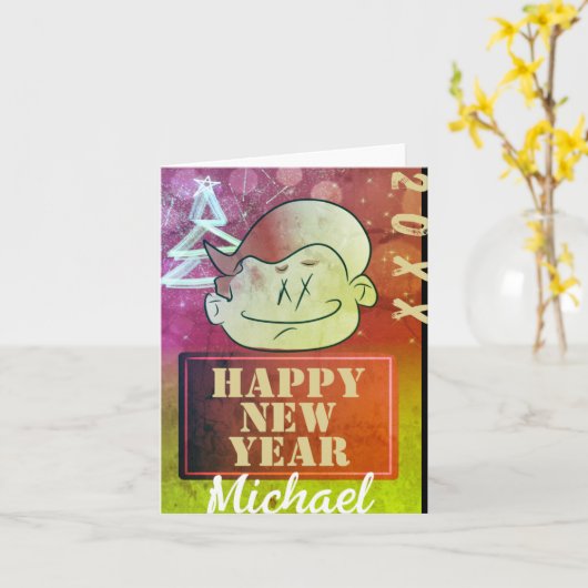 Funny Cute Little Cartoon Boy Happy New Year T Shi Karte (Gelbe Blume)