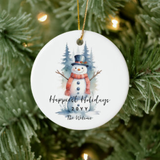 Funny Cute MInimalist Snowman Frosted Forest  Keramik Ornament