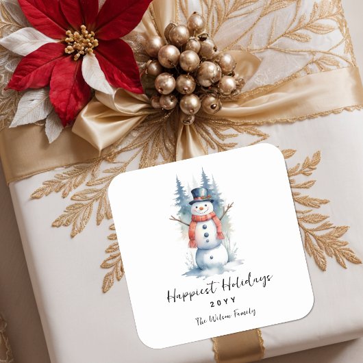 Funny Cute MInimalist Snowman Frosted Forest Quadratischer Aufkleber