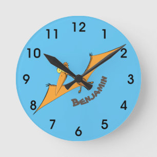 Funny cute orange flying pterodactyl cartoon runde wanduhr