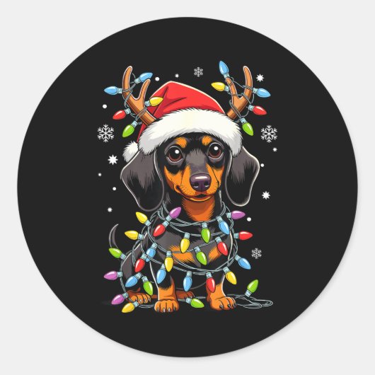 Funny Dachshund Christmas Lights Santa Hat Xmas Runder Aufkleber (Vorderseite)