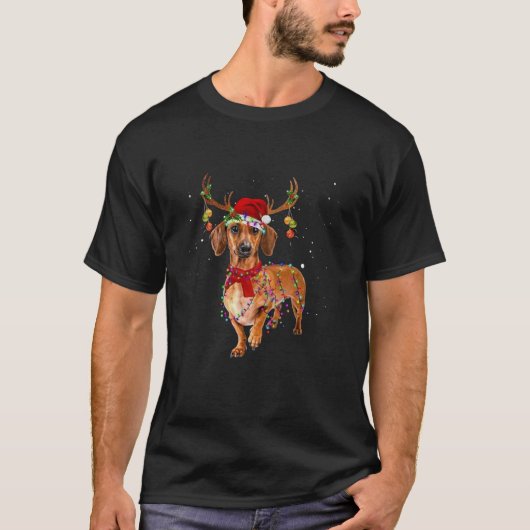 Funny Dackel Rentier Weihnachtslicht Weihnachtswei T-Shirt (Vorderseite)
