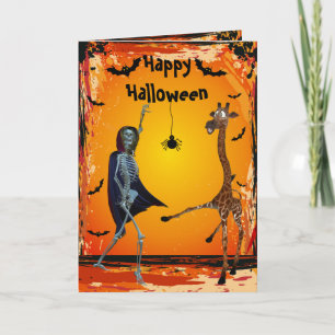 Funny Dancing Giraffe & Skeleton Halloween Card Karte