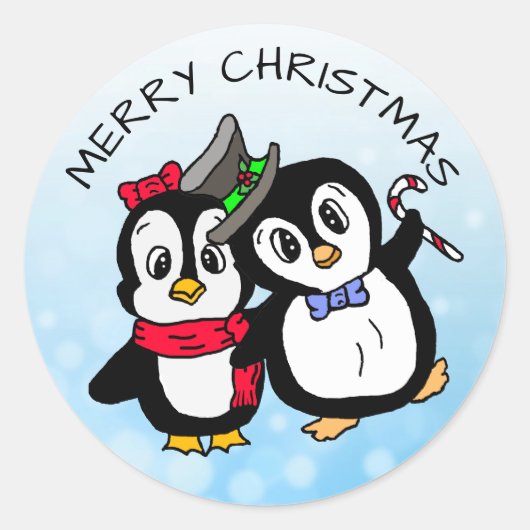 Funny Dancing Pinguine mit Candy Cane Weihnachten Runder Aufkleber (Vorderseite)