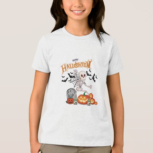 Funny Dancing Skeleton & Pumpkins Happy Halloween Tri-Blend Shirt (Vorderseite)