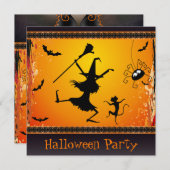 Funny Dancing Witz und Cat Halloween-Party Einladung (Vorne/Hinten)