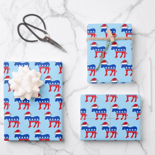 Funny Democratic Donkey in Weihnachtsmannmütze Blu Geschenkpapier Set (Vorderseite)