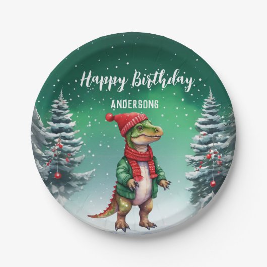 Funny Dino Weihnachtsbaumgeburt Jungs Schnee Party Pappteller (Vorderseite)