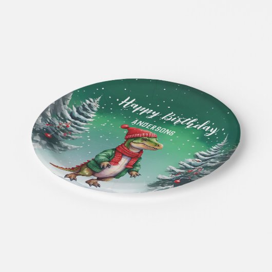 Funny Dino Weihnachtsbaumgeburt Jungs Schnee Party Pappteller (Schrägansicht)