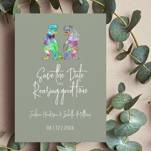 Funny Dinosaur Bride & Groom Sage Green Wedding Save The Date