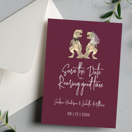Funny Dinosaur Bride und Groom Wedding Burgundy Save The Date