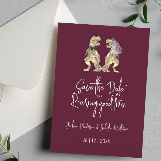 Funny Dinosaur Bride und Groom Wedding Burgundy Save The Date